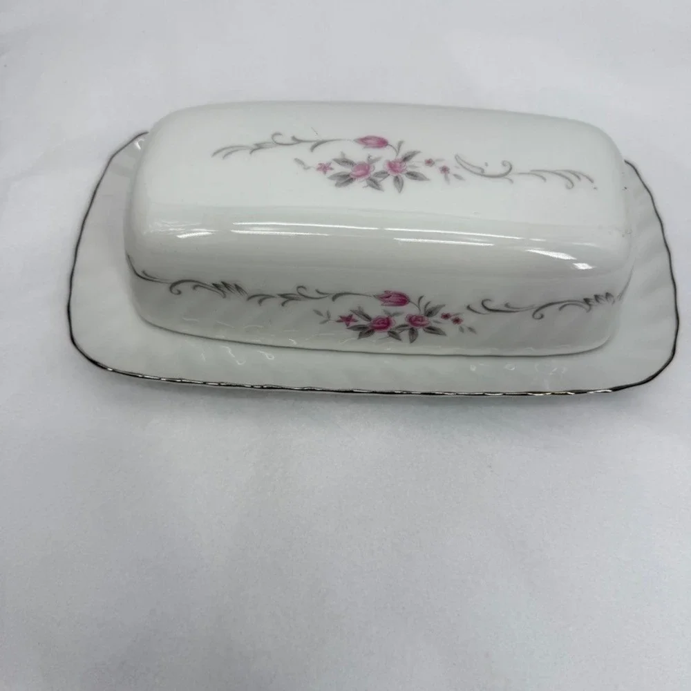Gold Standard Butter Dish Floral Pink Rose Silver Trim Vintage Whimsical NOS